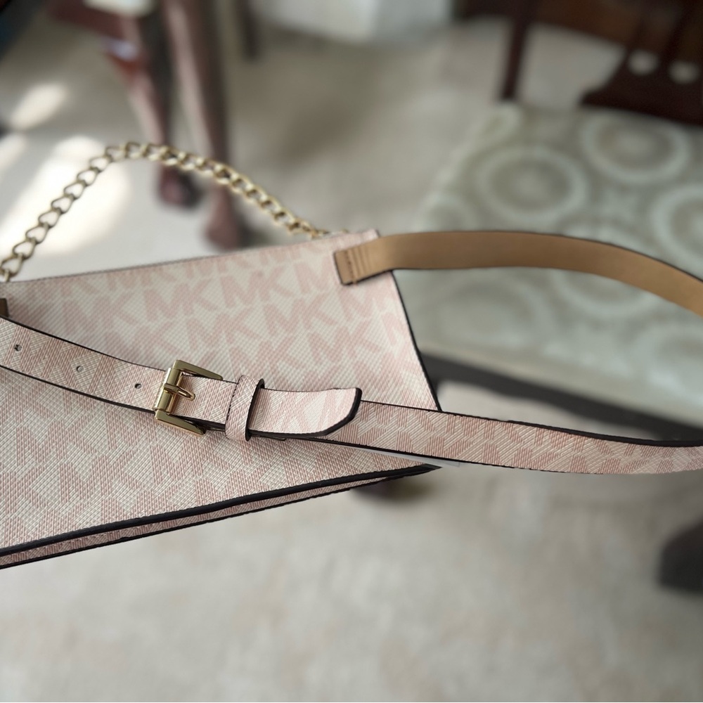 Michael Kors Monogram Nude Pink Leather Fanny Pack Belt with Gold Chain Zipper - Picture 5 of 9